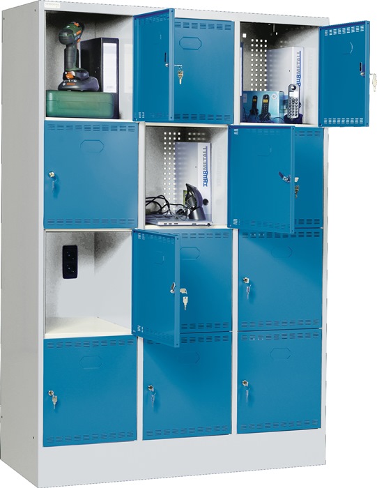 Elektro-Fächerschrank H1795xB1205xT582mm Sockel 12Fächer grau/blau 2Steckd./Fach
